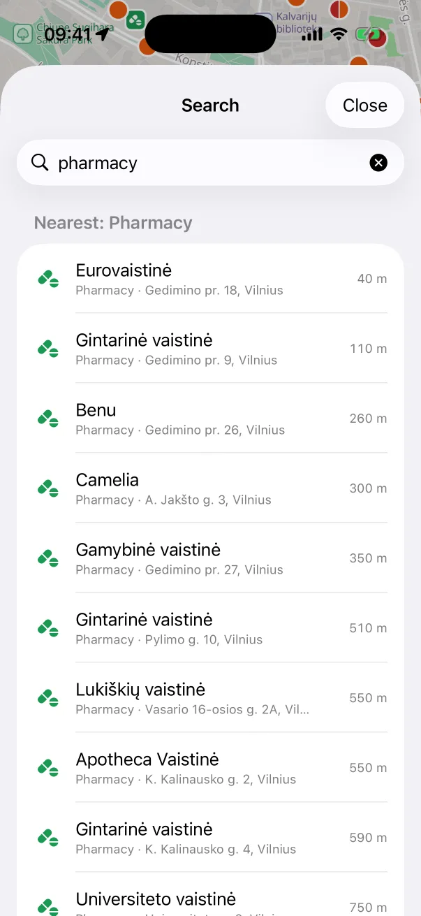 The nearest pharmacies with distances