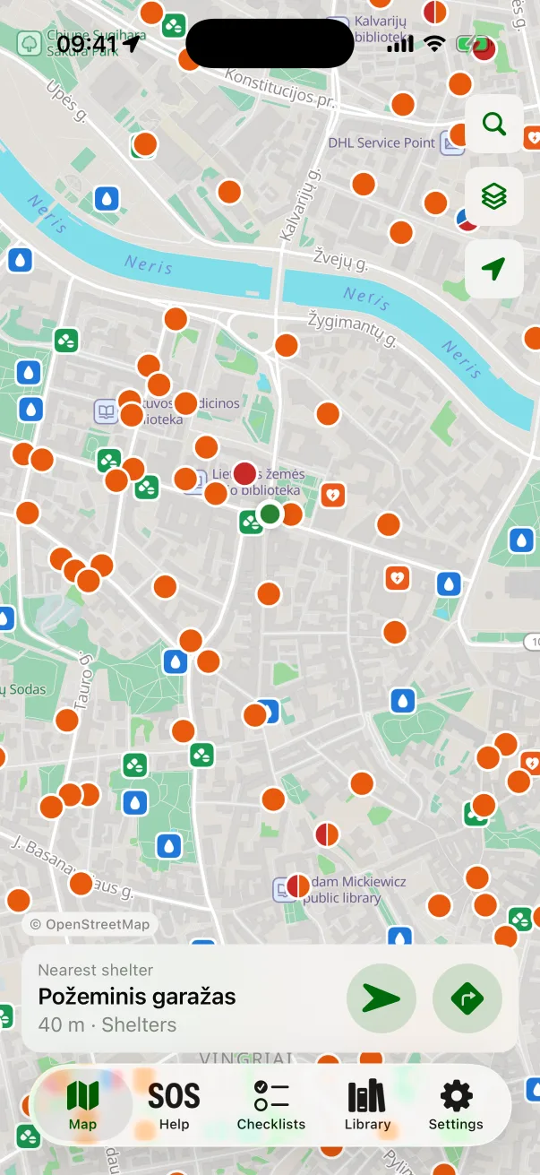 Map of shelters in central Vilnius with the nearest-shelter card