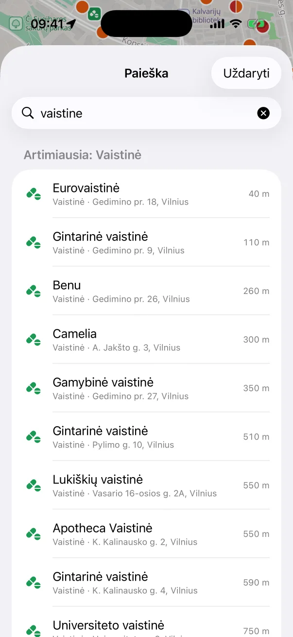 Artimiausios vaistinės su atstumais