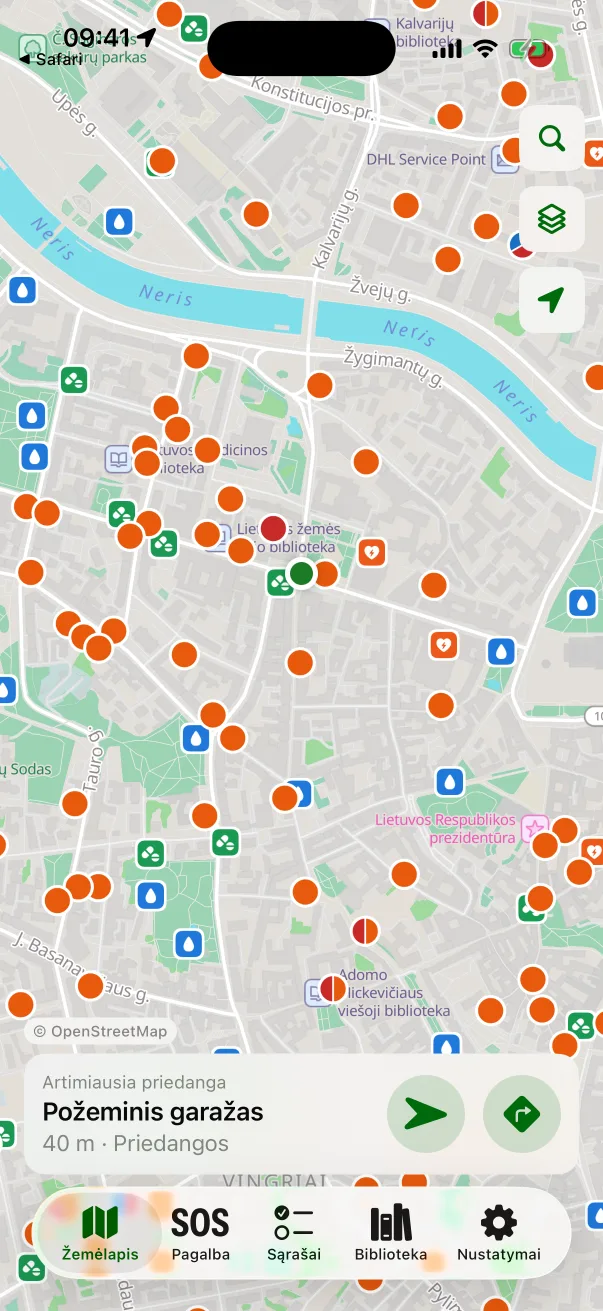 Žemėlapis su priedangomis Vilniaus centre ir artimiausios priedangos kortele