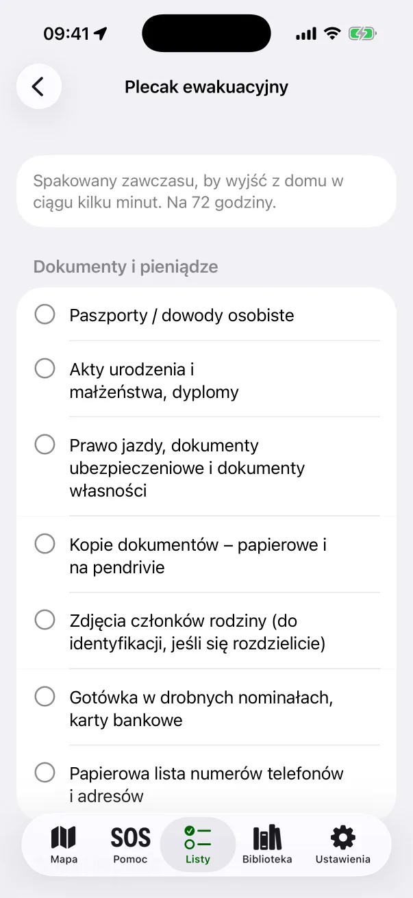 Lista „Plecak ewakuacyjny”