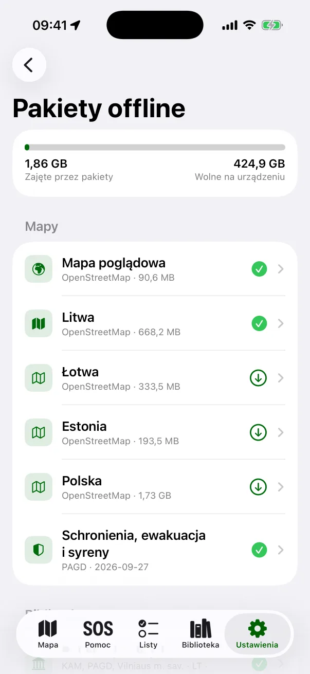 Lista pakietów: mapy i biblioteka, które można przekazać innym